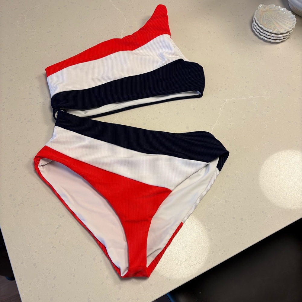 Beach Riot Joyce Color Block One Shoulder One Piece Swimsuit Red White Blue